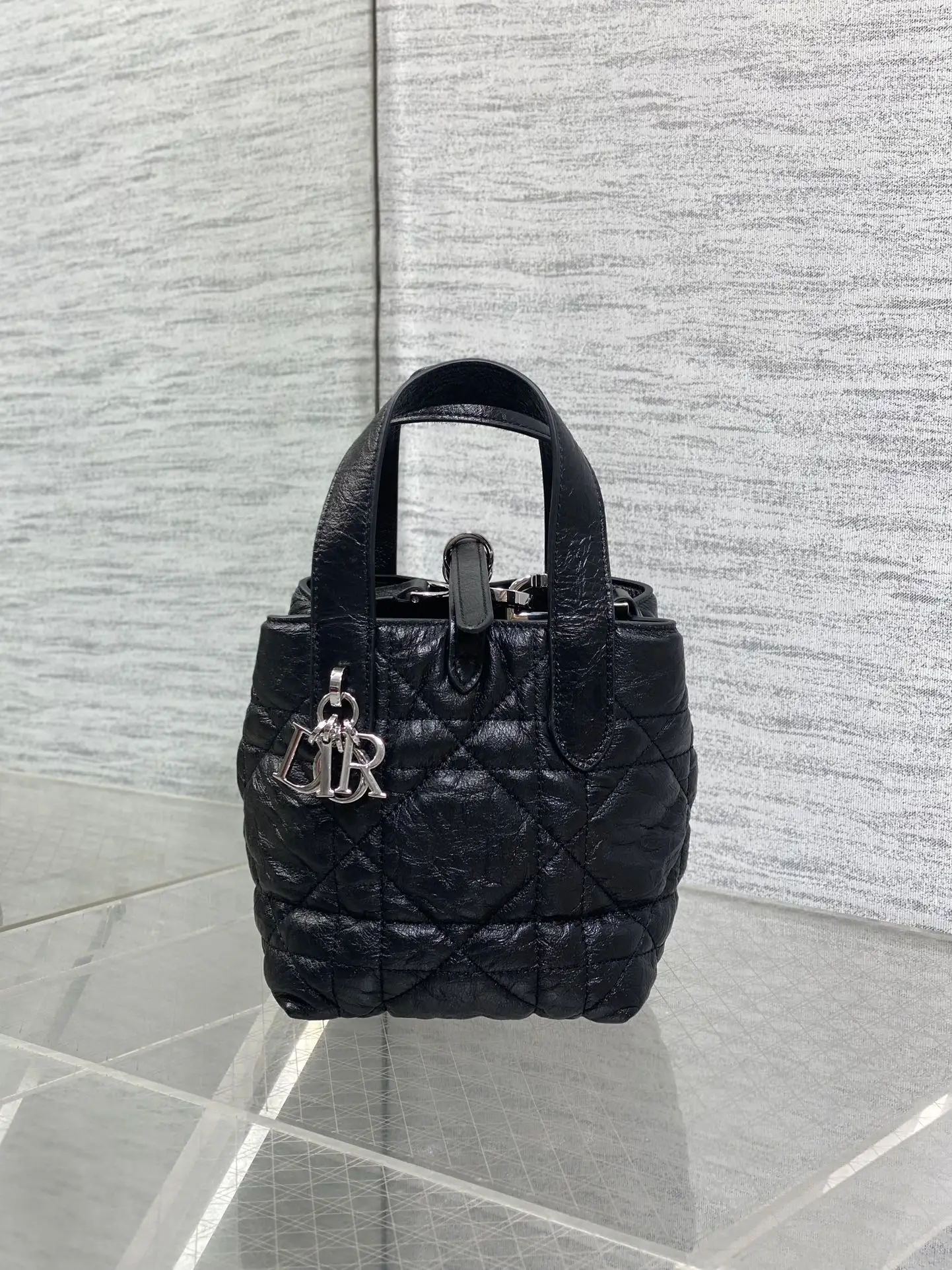 Dior Black and silver waxed leather Toujours vertical mini tote bag for women