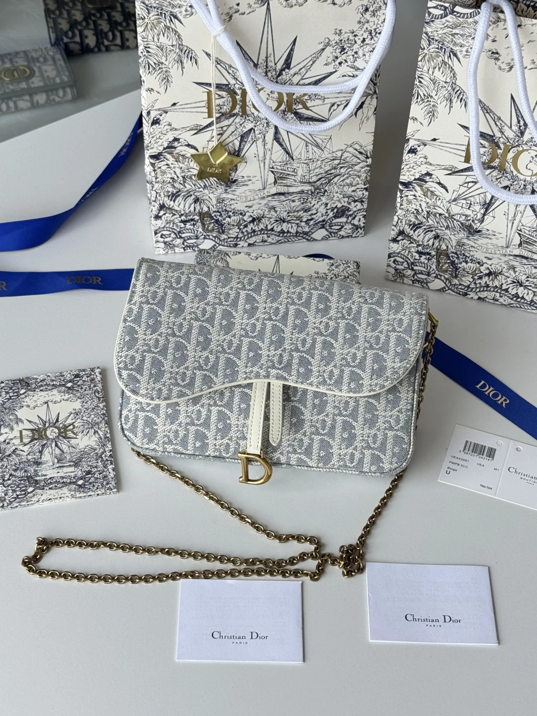 Dior S5907CTZQ_M928 Denim Dior Oblique Jacquard Saddle Chain Bag - Detail view 1