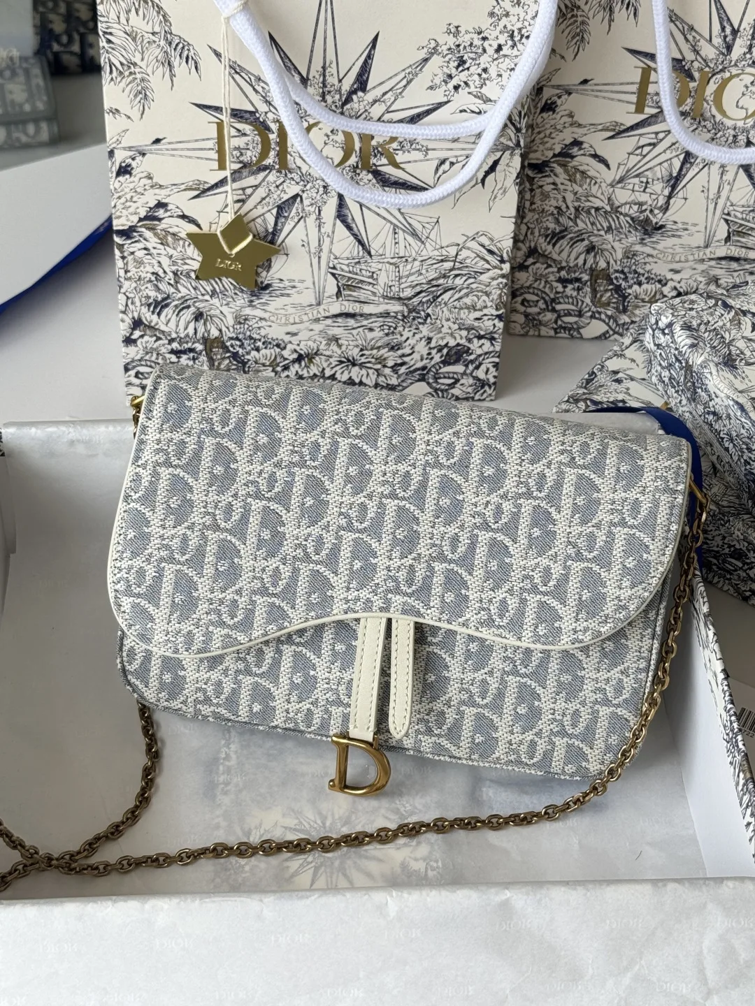 Dior S5907CTZQ_M928 Denim Dior Oblique Jacquard Saddle Chain Bag - Detail view 3