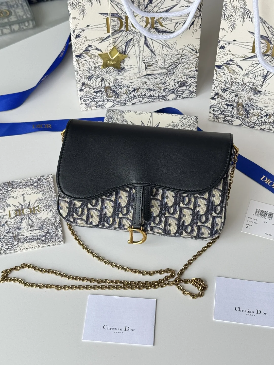 Dior S5907CTZQ_M928 Denim Dior Oblique Jacquard Saddle Chain Bag - Detail view 1