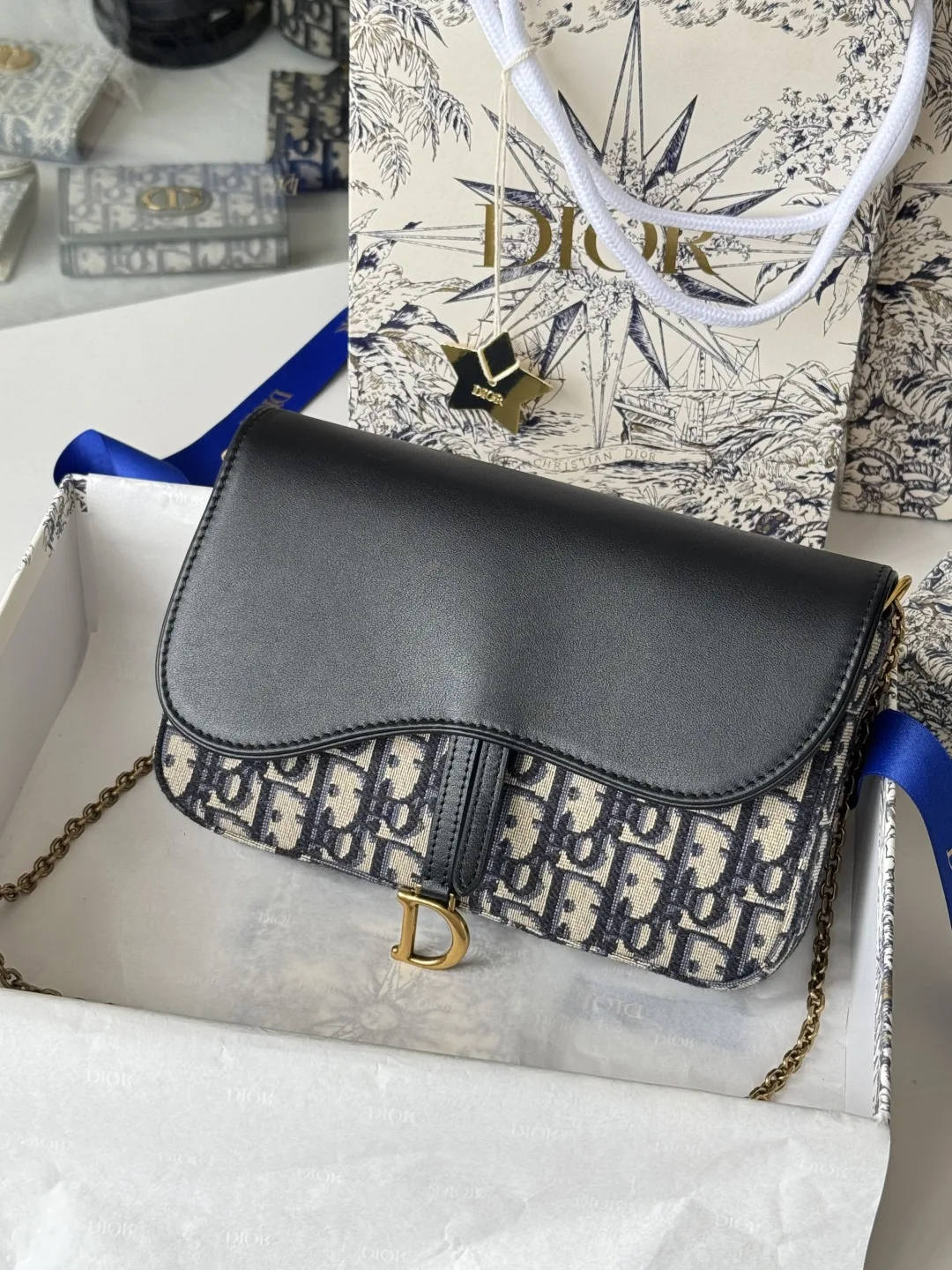 Dior S5907CTZQ_M928 Denim Dior Oblique Jacquard Saddle Chain Bag - Detail view 3