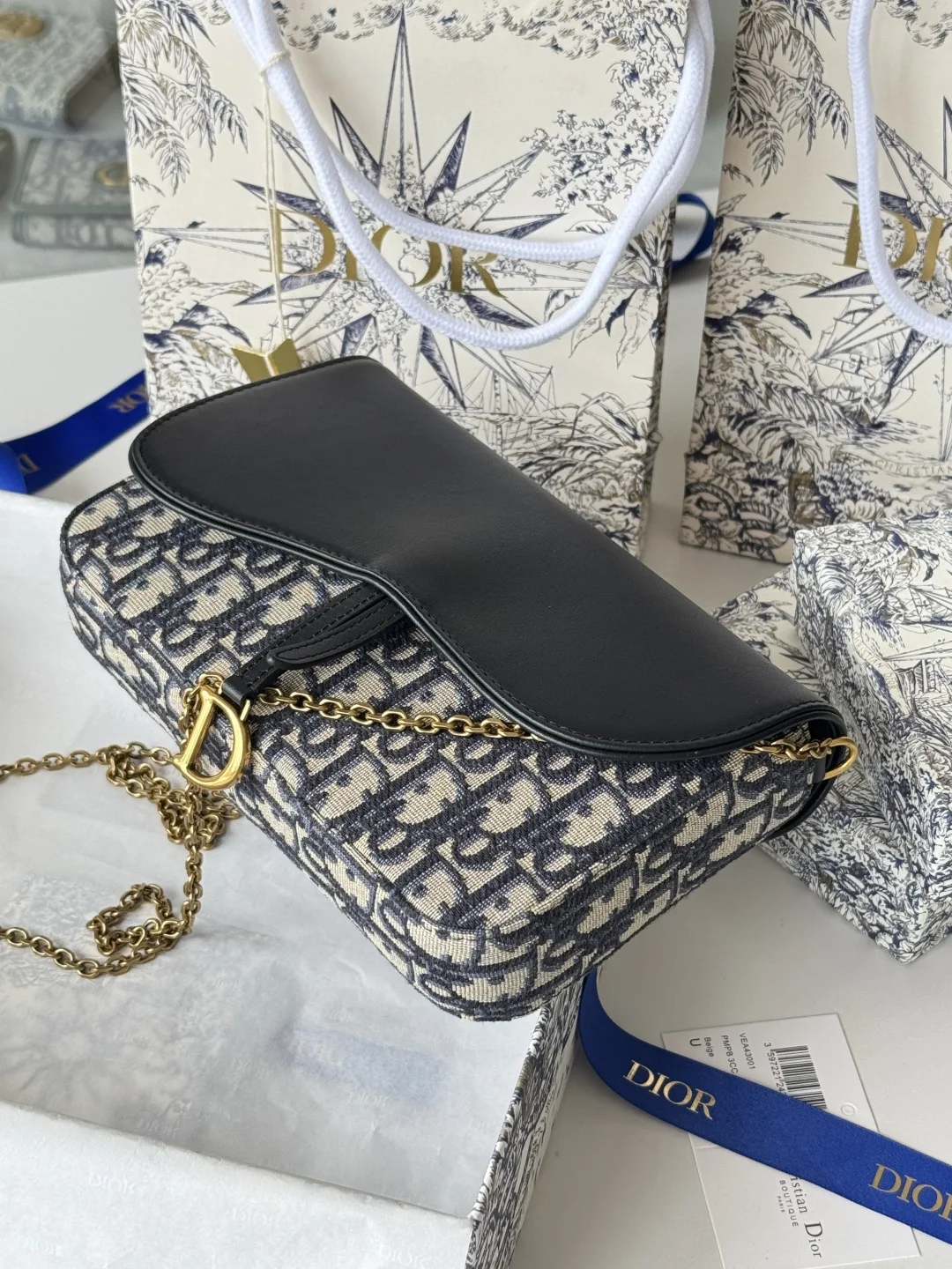 Dior S5907CTZQ_M928 Denim Dior Oblique Jacquard Saddle Chain Bag - Detail view 6