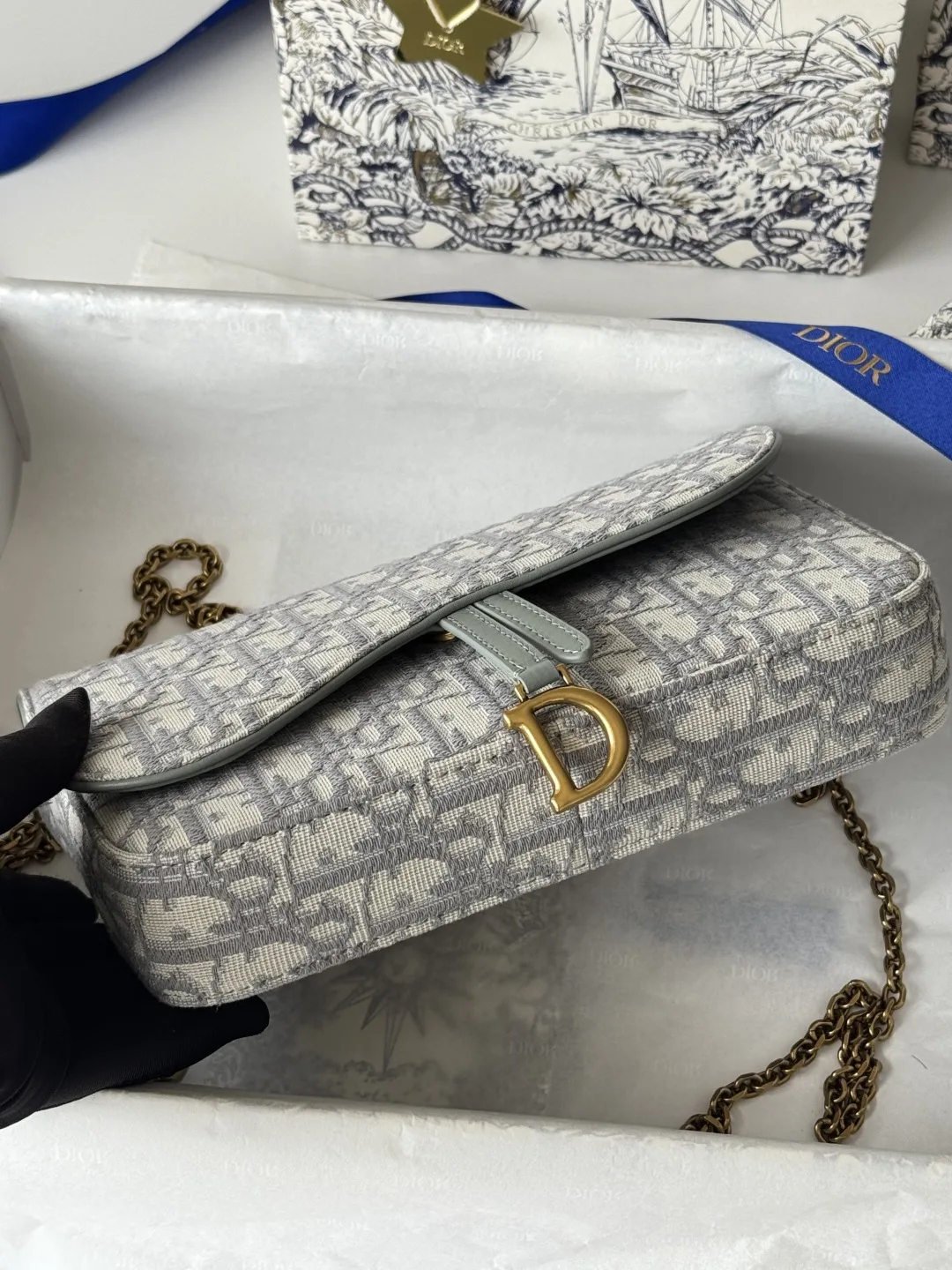 Dior S5907CTZQ_M928 Denim Dior Oblique Jacquard Saddle Chain Bag - Detail view 6