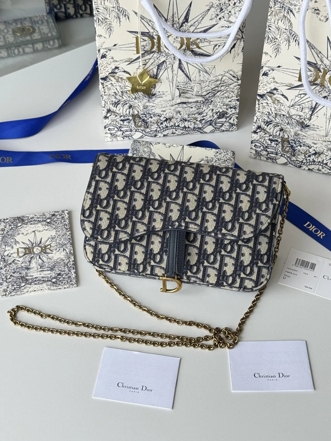 Dior S5907CTZQ_M928 Denim Dior Oblique Jacquard Saddle Chain Bag - Detail view 1