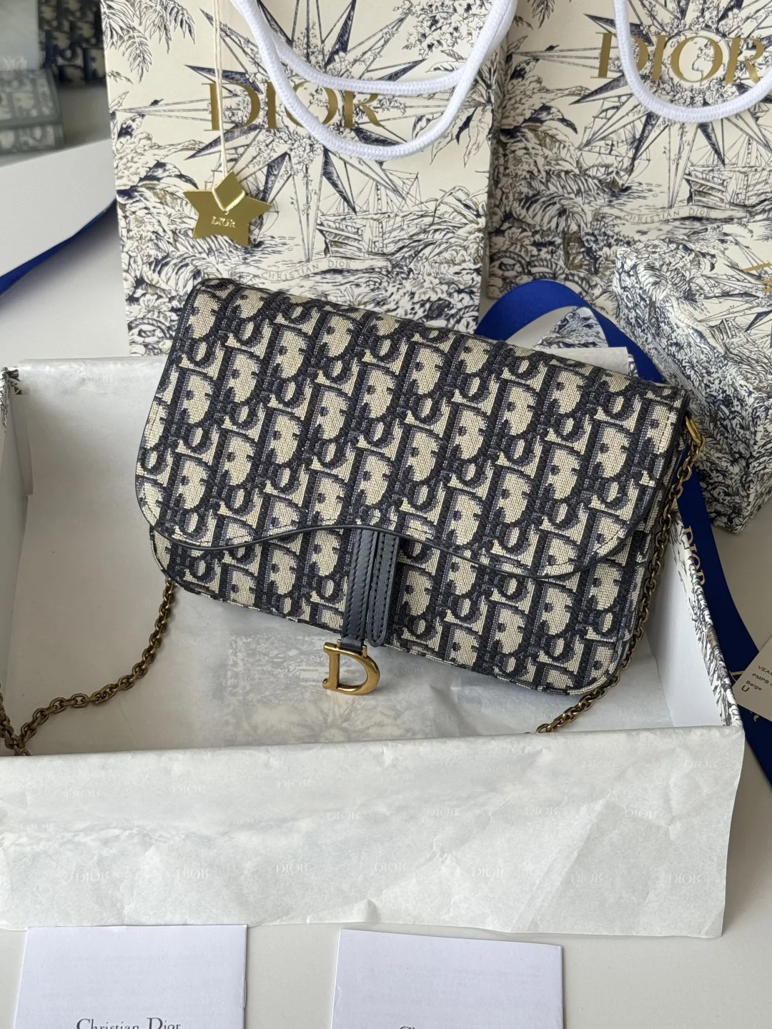 Dior S5907CTZQ_M928 Denim Dior Oblique Jacquard Saddle Chain Bag - Detail view 3