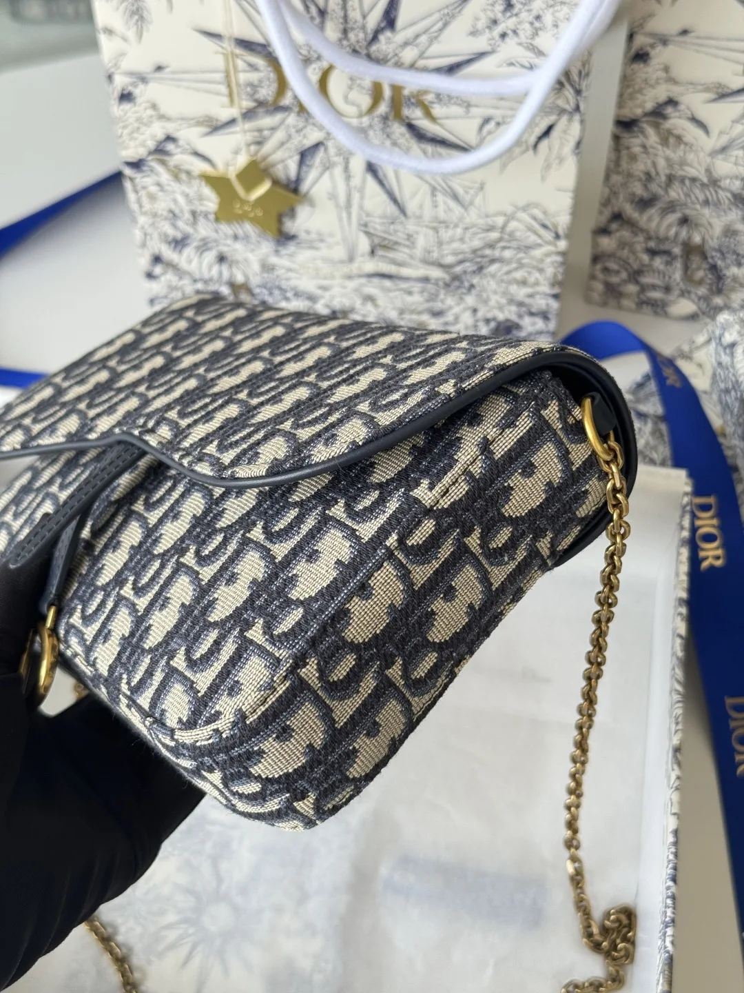 Dior S5907CTZQ_M928 Denim Dior Oblique Jacquard Saddle Chain Bag - Detail view 6