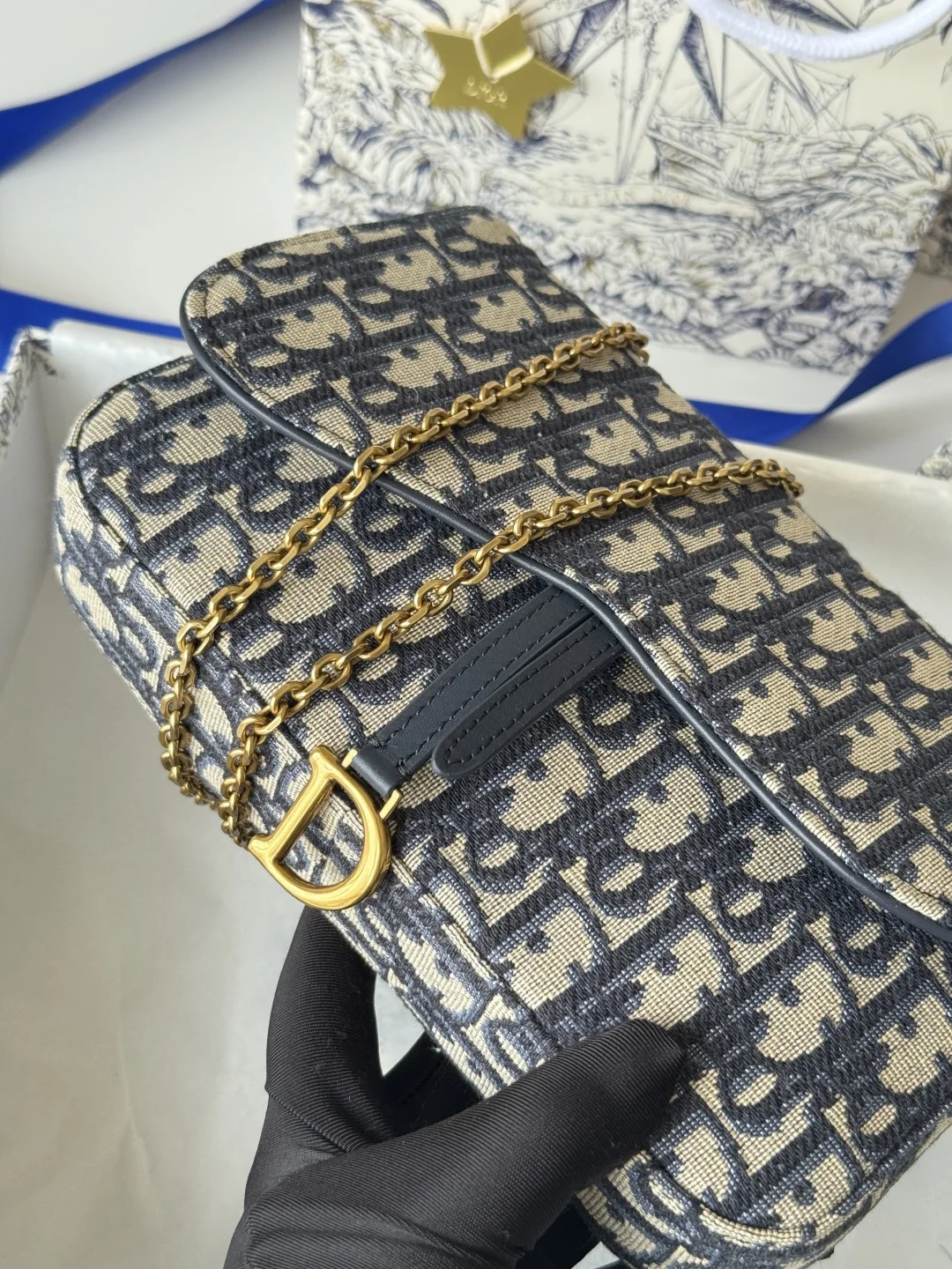 Dior S5907CTZQ_M928 Denim Dior Oblique Jacquard Saddle Chain Bag - Detail view 7