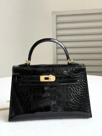 对版专柜美洲鳄鱼 Kelly二代19cm 进口亮面方块美洲鳄鱼 手打钉五金 黑色 手缝蜜蜡线