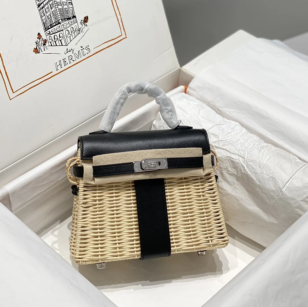 Kelly picnic 野餐包 20cm 原厂进口Swift皮拼编织柳条银扣限量版 专柜同步 蜜蜡线缝制 纯钢五金