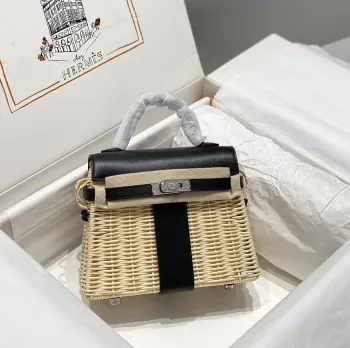 Kelly picnic 野餐包 20cm 原厂进口Swift皮拼编织柳条银扣限量版 专柜同步 蜜蜡线缝制 纯钢五金