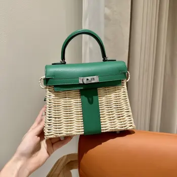 Kelly picnic 野餐包 20cm 原厂进口Swift皮拼编织柳条 七 丝柔绿 银扣限量版 专柜同步 蜜蜡线缝制 纯钢五金