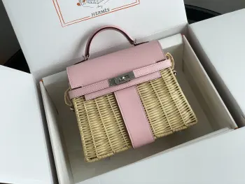  新品Kelly picnic 野餐包 20cm 原厂进口Swift皮拼手工编织柳条 3Q粉 银扣限量版 专柜同步 蜜蜡线缝制 纯钢五金