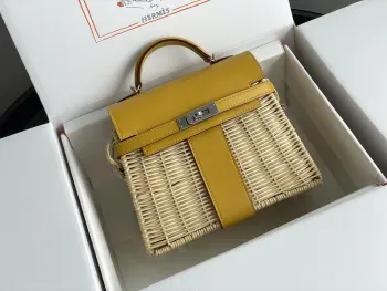  新品Kelly picnic 野餐包 20cm 原厂进口Swift皮拼手工编织柳条 琥珀黄 银扣限量版 专柜同步 蜜蜡线缝制 纯钢五金