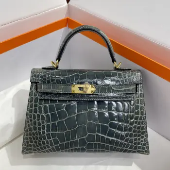 对版专柜美洲鳄鱼 Kelly二代19cm进口亮面美洲鳄鱼皮 金扣牛仔蓝色 手缝蜡线 