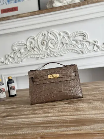 现货半手工 俗称kelly凯莉迷你一代手包hermes  kelly mini 鳄鱼纹牛皮半手工 蜜蜡缝线颜色 大像灰 金扣尺寸 22cm