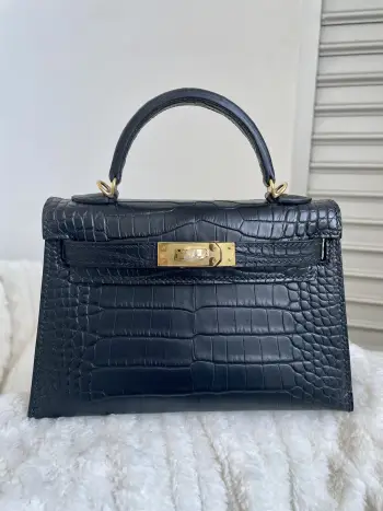 Kelly二代19cm进口美洲雾面鳄鱼皮 黑色金扣 w刻 手缝蜡线 对版专柜美洲鳄鱼