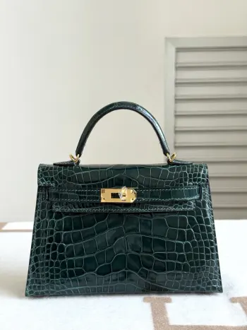 对版专柜美洲鳄鱼 Kelly二代19cm 原厂皮H C P亮面方块美洲鳄鱼 手打钉五金 卢梭绿色  手缝蜜蜡线