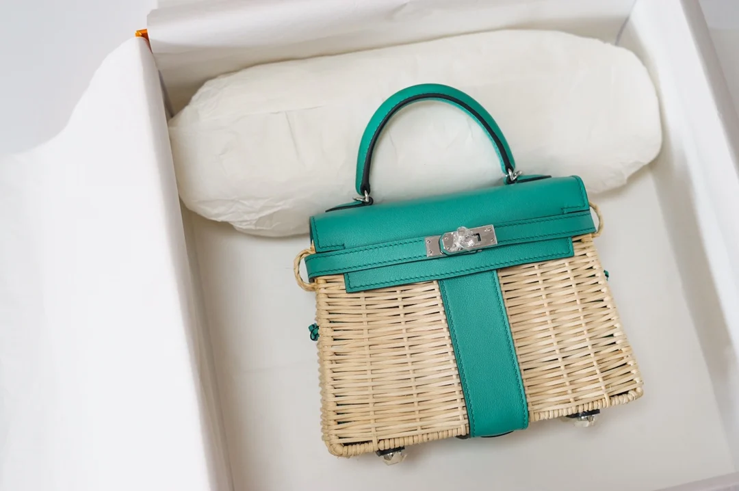 Kelly picnic 野餐包 20cm 原厂进口Swift皮拼编织柳条银扣限量版 专柜同步 蜜蜡线缝制 纯钢五金