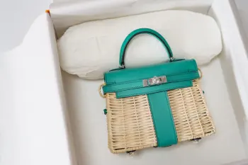 Kelly picnic 野餐包 20cm 原厂进口Swift皮拼编织柳条银扣限量版 专柜同步 蜜蜡线缝制 纯钢五金