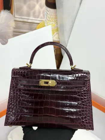 对版专柜美洲鳄鱼  Kelly二代19cm 进口方块美洲亮面鳄鱼皮 内里进口羊皮 手缝蜡线全套手打钉五金 实拍 