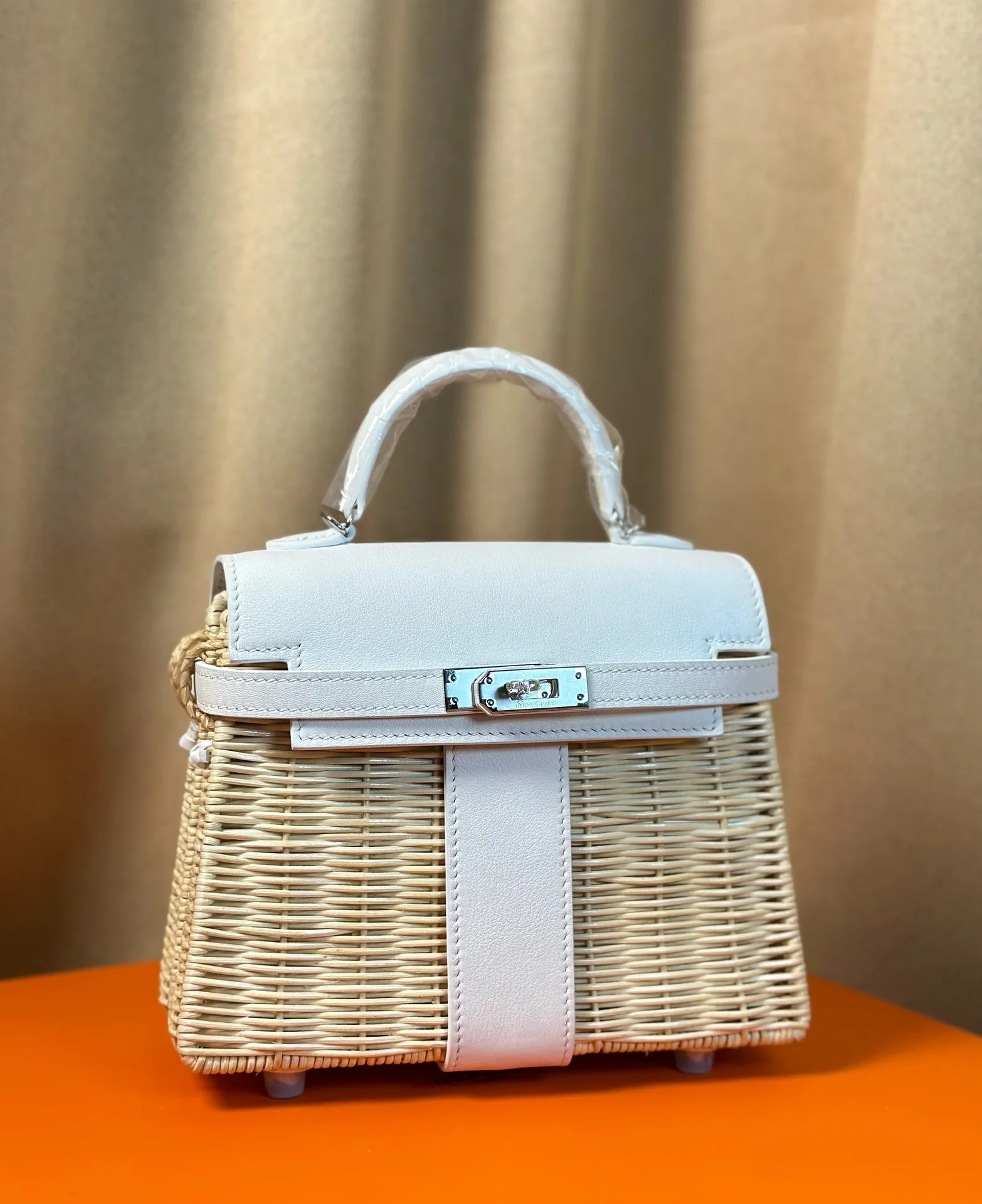 Kelly picnic 野餐包 20cm 原厂进口Swift皮拼编织柳条银扣限量版 专柜同步 蜜蜡线缝制 纯钢五金