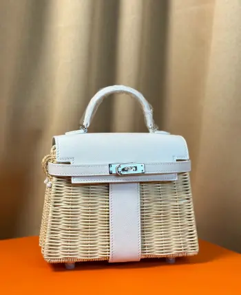 Kelly picnic 野餐包 20cm 原厂进口Swift皮拼编织柳条银扣限量版 专柜同步 蜜蜡线缝制 纯钢五金