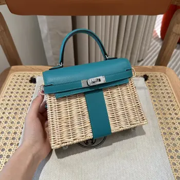 Kelly picnic 野餐包 20cm 原厂进口Swift皮拼编织柳条 孔雀蓝 银扣限量版 专柜同步 蜜蜡线缝制 纯钢五金