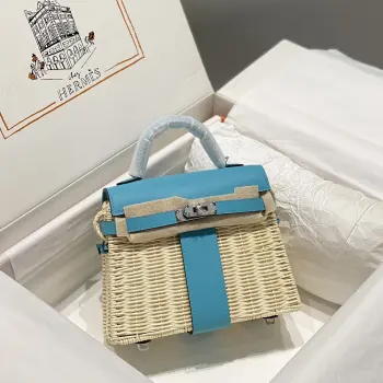 Kelly picnic 野餐包 20cm 原厂进口Swift皮拼编织柳条银扣限量版 专柜同步 蜜蜡线缝制 纯钢五金