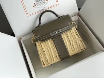  新品Kelly picnic 野餐包 20cm 原厂进口Swift皮拼手工编织柳条 大象灰 银扣限量版 专柜同步 蜜蜡线缝制 纯钢五金 