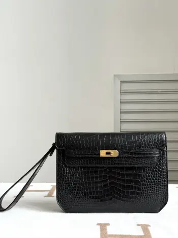 Kelly depeches 25cm 手包 进口雾面鳄鱼肚皮黑色 金扣全套手打钉五金 手缝蜡线 
