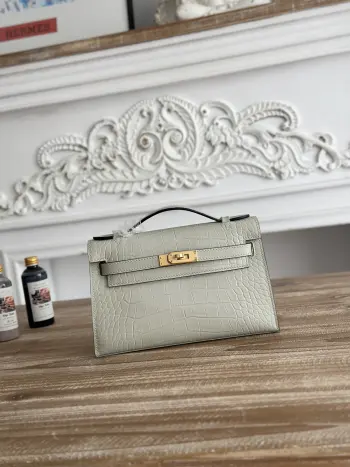 现货半手工 俗称kelly凯莉迷你一代手包hermes  kelly mini 鳄鱼纹牛皮半手工 蜜蜡缝线颜色 冰川灰 金扣尺寸 22cm