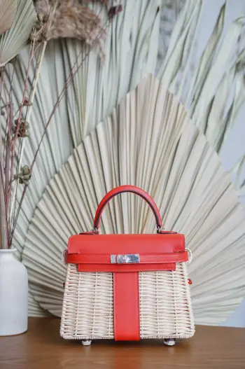 Kelly picnic 野餐包 20cm 原厂进口Swift皮拼编织柳条银扣限量版 专柜同步 蜜蜡线缝制 纯钢五金