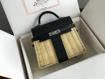  新品Kelly picnic 野餐包 20cm 原厂进口Swift皮拼手工编织柳条 黑色 银扣限量版 专柜同步 蜜蜡线缝制 纯钢五金