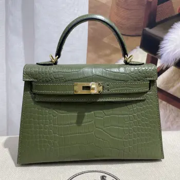 Kelly二代19 cm进口美洲雾面鳄鱼皮  橄榄绿  金扣 手工缝制 对版专柜美洲鳄鱼