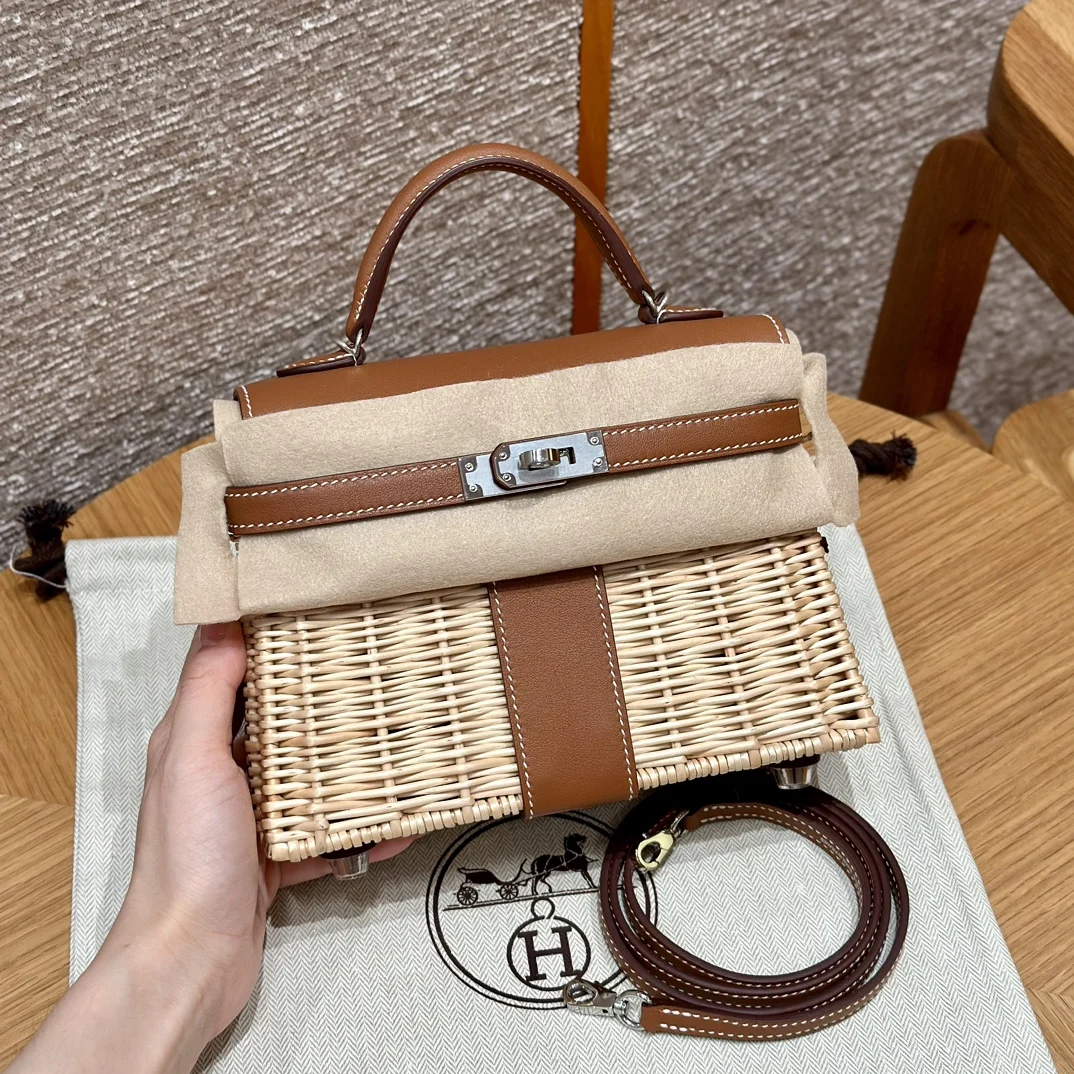 Kelly picnic 野餐包 20cm 原厂进口Swift皮拼编织柳条 金棕色 银扣限量版 专柜同步 蜜蜡线缝制 纯钢五金