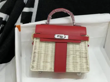Kelly picnic 野餐包 20cm 原厂进口Swift皮拼编织柳条 大红色 银扣限量版 专柜同步 蜜蜡线缝制 纯钢五金