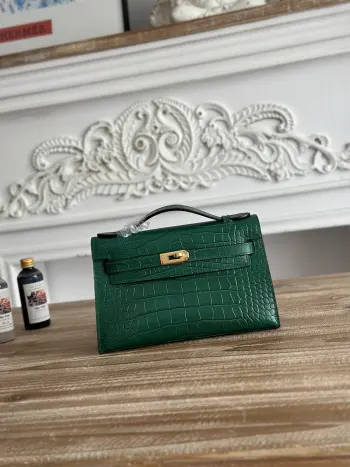 现货半手工 俗称kelly凯莉迷你一代手包hermes  kelly mini 鳄鱼纹牛皮半手工 蜜蜡缝线颜色 墨绿 金扣尺寸 22cm