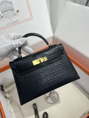 Kelly二代19cm进口美洲雾面鳄鱼皮 黑色金扣 w刻 手缝蜡线 对版专柜美洲鳄鱼