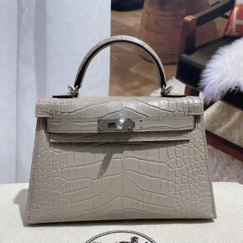 Kelly二代19cm 进口美洲雾面鳄鱼皮  奶茶色 银扣 手缝蜡线 实拍 对版专柜美洲鳄鱼