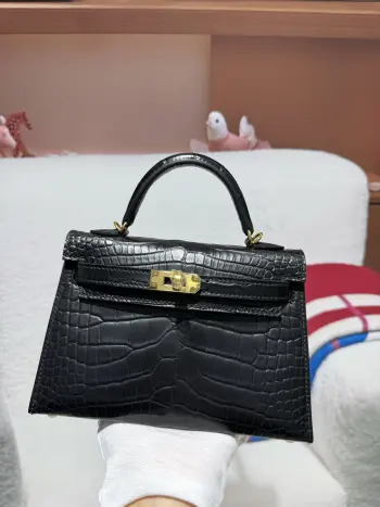 Kelly二代19cm 进口美洲雾面鳄鱼皮  黑色  金扣 手缝蜡线 实拍 对版专柜美洲鳄鱼
