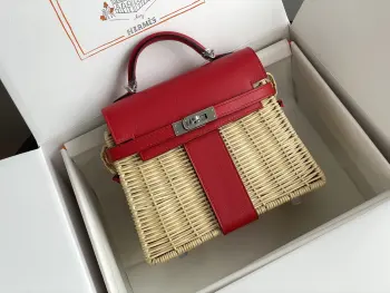  新品Kelly picnic 野餐包 20cm 原厂进口Swift皮拼手工编织柳条 大红 银扣限量版 专柜同步 蜜蜡线缝制 纯钢五金