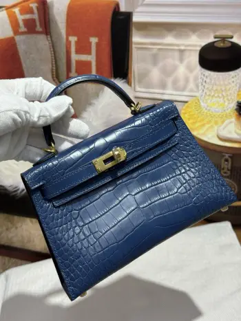 Kelly二代19cm 进口美洲雾面鳄鱼皮  蓝染工艺  全套手打钉五金手缝蜡线 内里配进口羊皮  实拍 对版专柜美洲鳄鱼