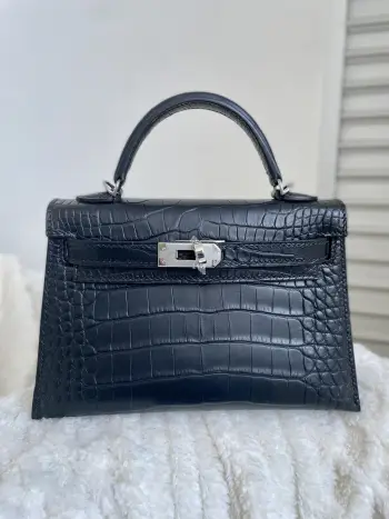 Kelly二代19cm进口美洲雾面鳄鱼皮 黑色银扣 w刻 手缝蜡线 对版专柜美洲鳄鱼