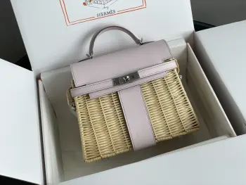  新品Kelly picnic 野餐包 20cm 原厂进口Swift皮拼手工编织柳条 梦幻粉紫 银扣限量版 专柜同步 蜜蜡线缝制 纯钢五金