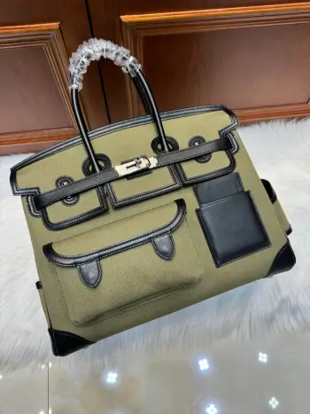  铂金 Birkin Cargo  35Cm  黑色swift拼军绿色帆布 银扣