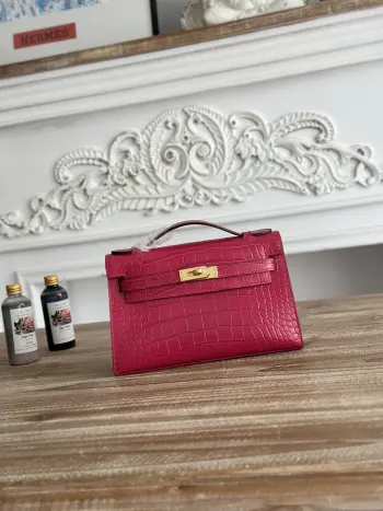 现货半手工 俗称kelly凯莉迷你一代手包hermes  kelly mini 鳄鱼纹牛皮半手工 蜜蜡缝线颜色 桃红 金扣尺寸 22cm