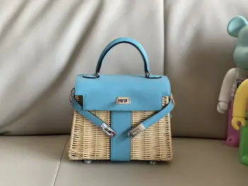 Kelly picnic 野餐包 20cm 原厂进口Swift皮拼编织柳条 北方蓝 银扣限量版 专柜同步 蜜蜡线缝制 纯钢五金