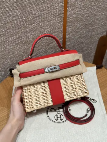 Kelly picnic 野餐包 20cm 原厂进口Swift皮拼编织柳条 中国红 银扣限量版 专柜同步 蜜蜡线缝制 纯钢五金