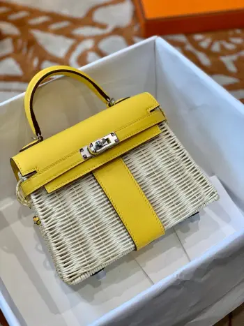 Kelly picnic 野餐包 20cm 原厂进口Swift皮拼编织柳条银扣限量版 专柜同步 蜜蜡线缝制 纯钢五金