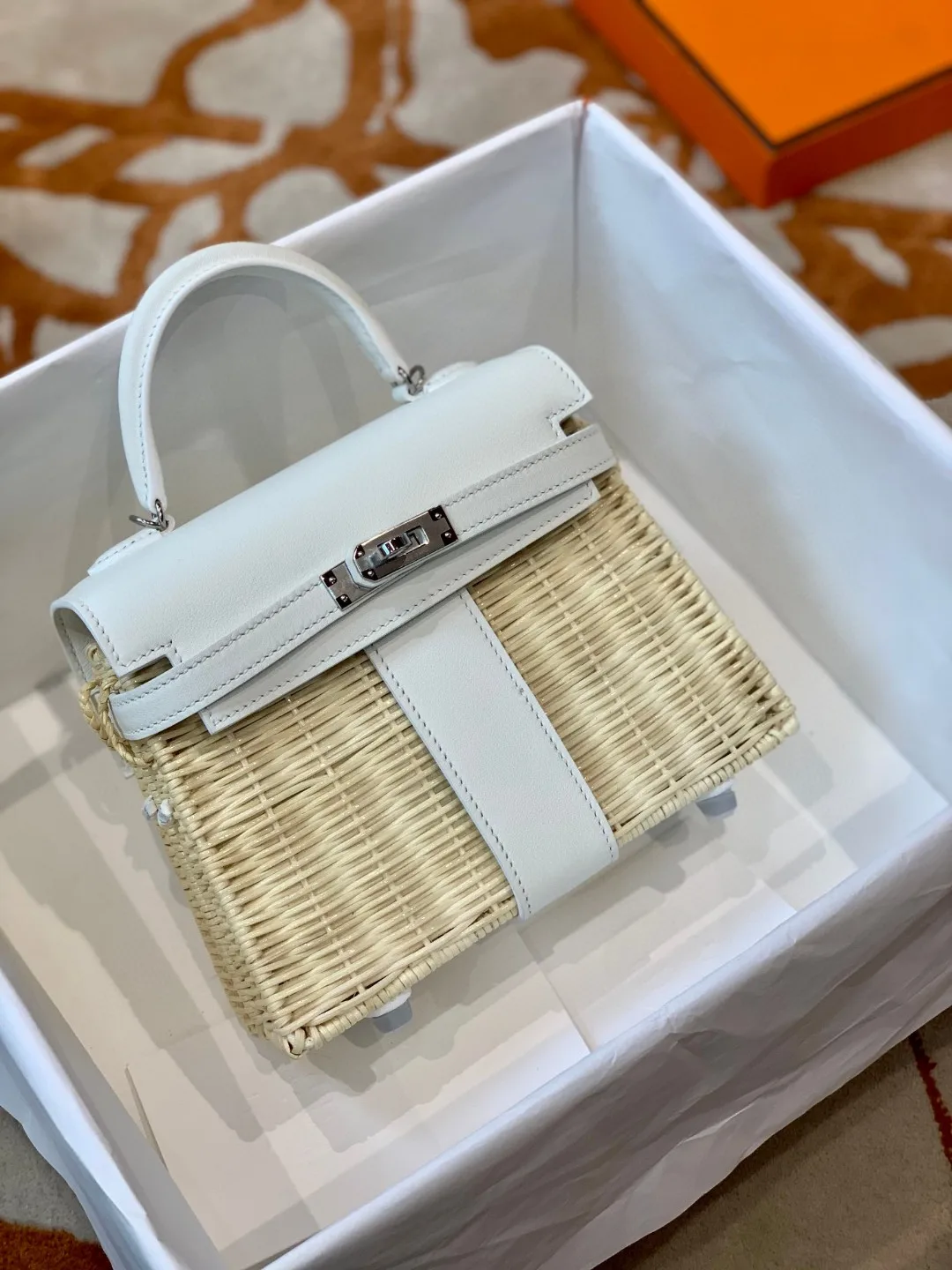 Kelly picnic 野餐包 20cm 原厂进口Swift皮拼编织柳条银扣限量版 专柜同步 蜜蜡线缝制 纯钢五金